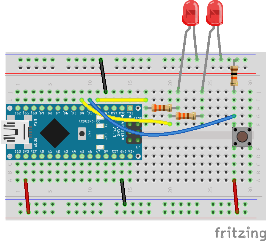 2 LEDs, a Switch and Arduino on a breaboard