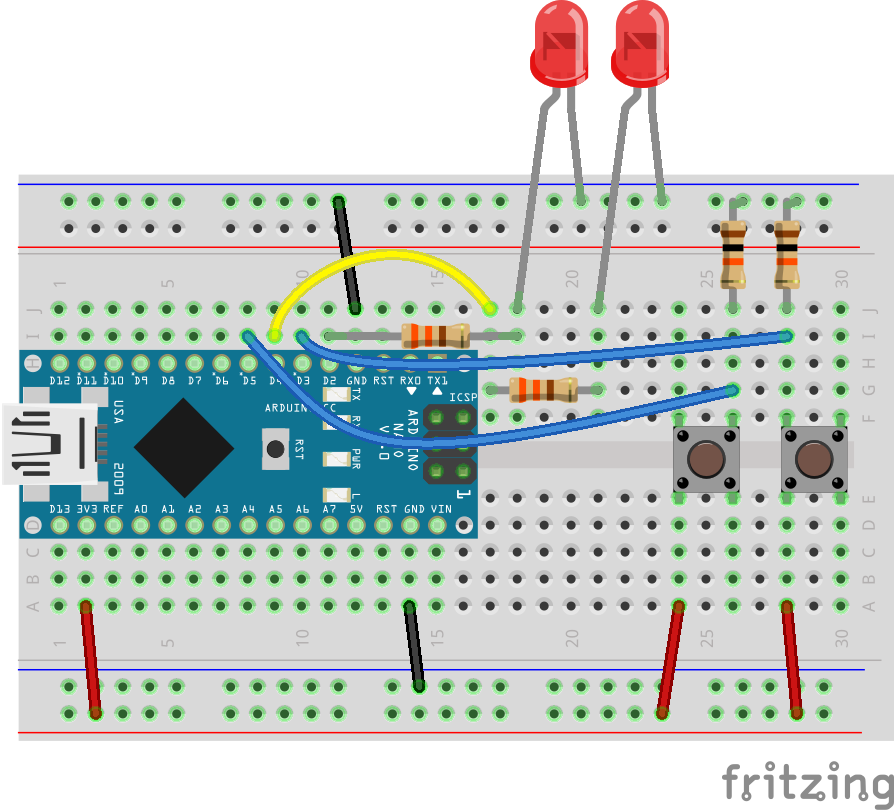 2 LEDs, 2 Switches and Arduino on a breaboard