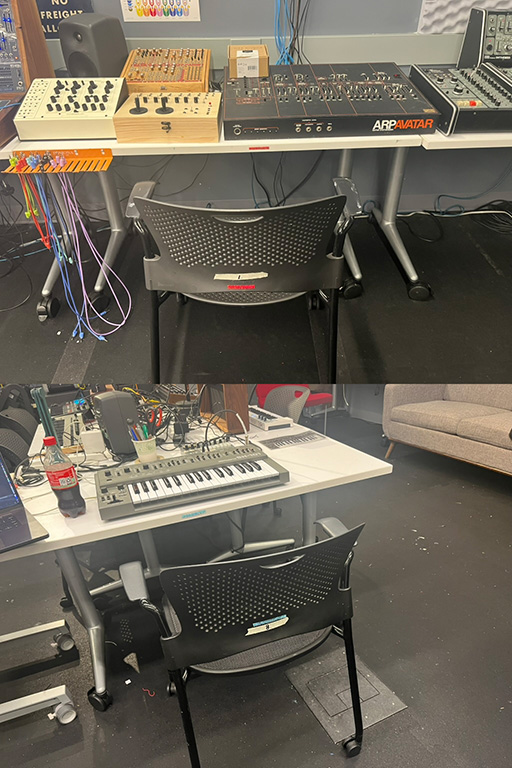 Chairs marked with glitter near matching glitter strip on a table Chairs marked with glitter near matching glitter strip on a table