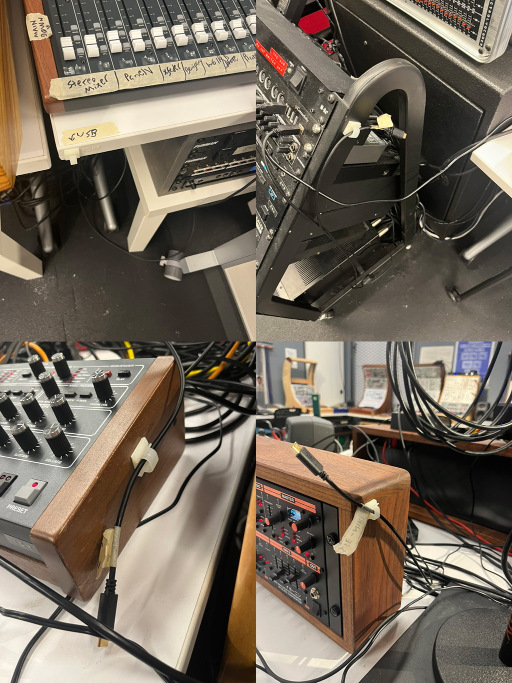 Plastic clips attached to various pieces of equipment for USB cables to hang on Plastic clips attached to various pieces of equipment for USB cables to hang on